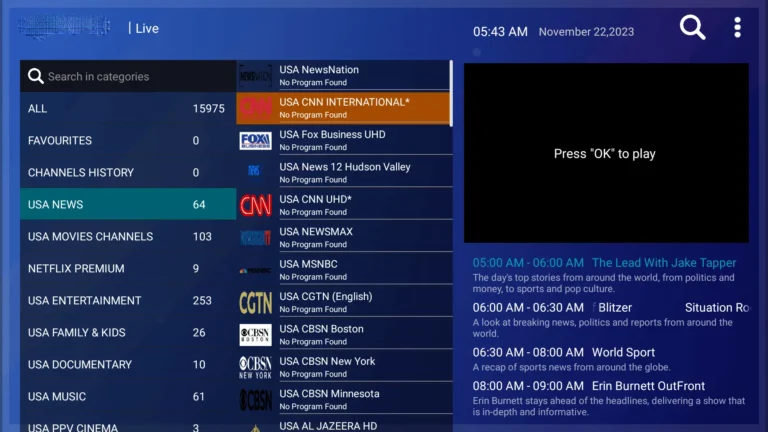 Live TV Channel Categories and EPG Guide