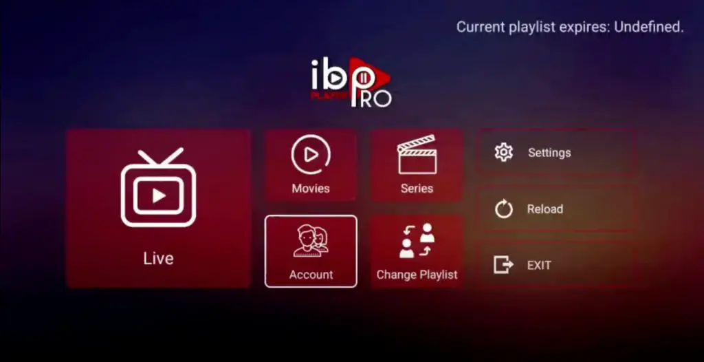 IBO Player home screen showing Account icon