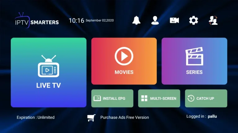 IPTV Smarters Pro Main Dashboard with Live TV Movies Series