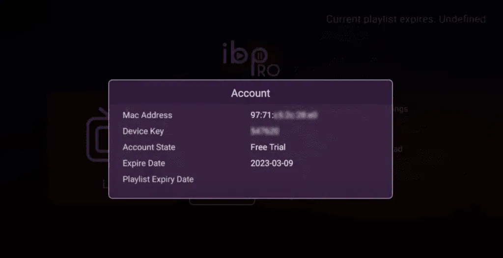 ibo Player Pro Account screen showing MAC Address and Device Key