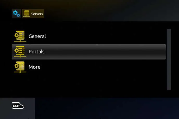 MAG Box Server Settings menu with Portals option selected