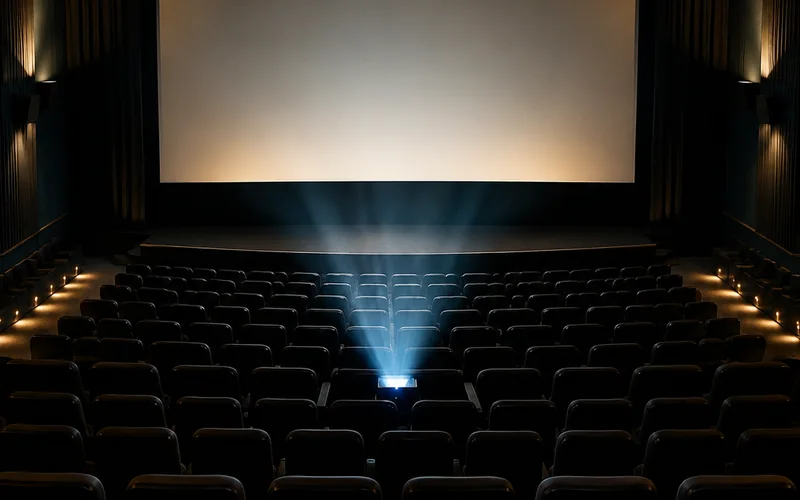 A darkened cinema interior lit by the screen