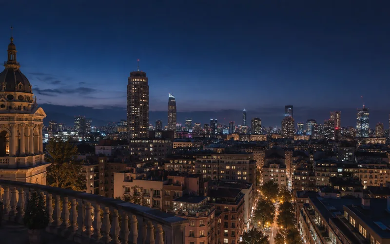 A city skyline at dusk