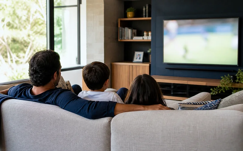 A family living room with the television on during the day