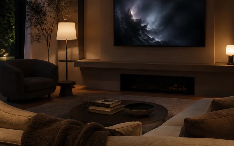 A television playing in a warmly lit room