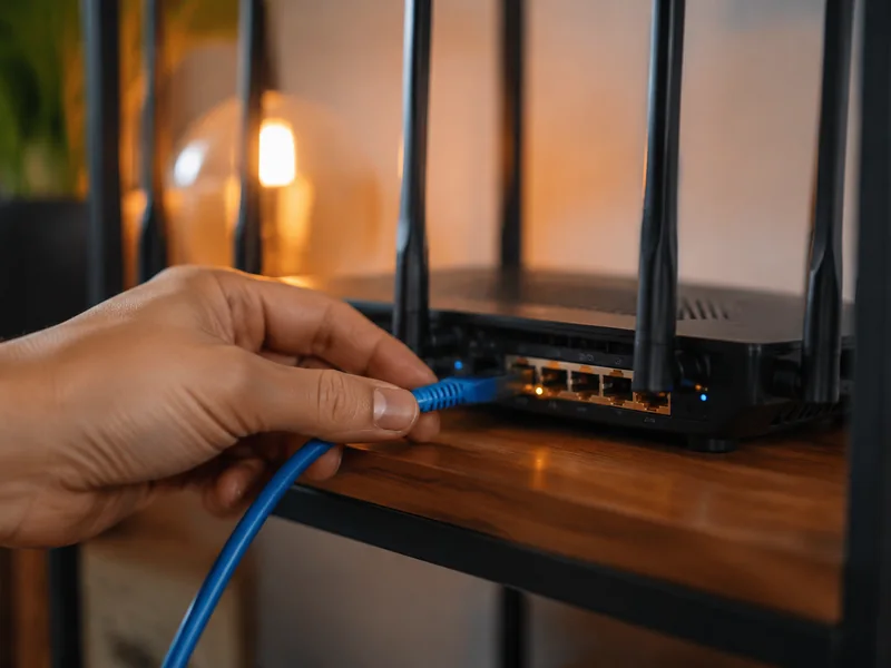 An ethernet cable being connected to a router
