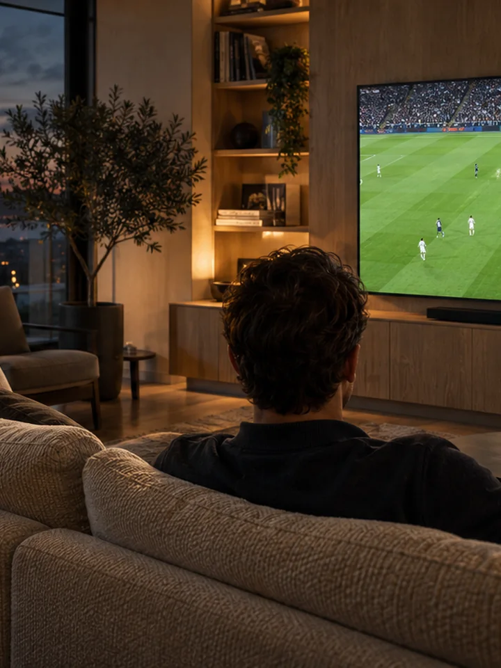A living room at night with a large television showing live sports