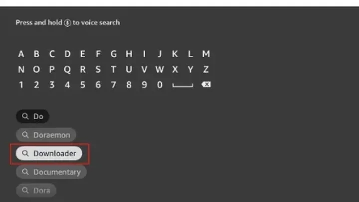 Searching for the Downloader app on Fire TV
